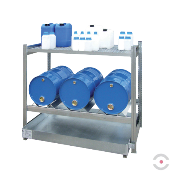 System regałowy, 2 poziomy skład., 3*beczka 60 l poziomo, 1*półka (kratownica), wanna 60 l, S*G*W 1360*635*1150 mm, moduł podstawowy