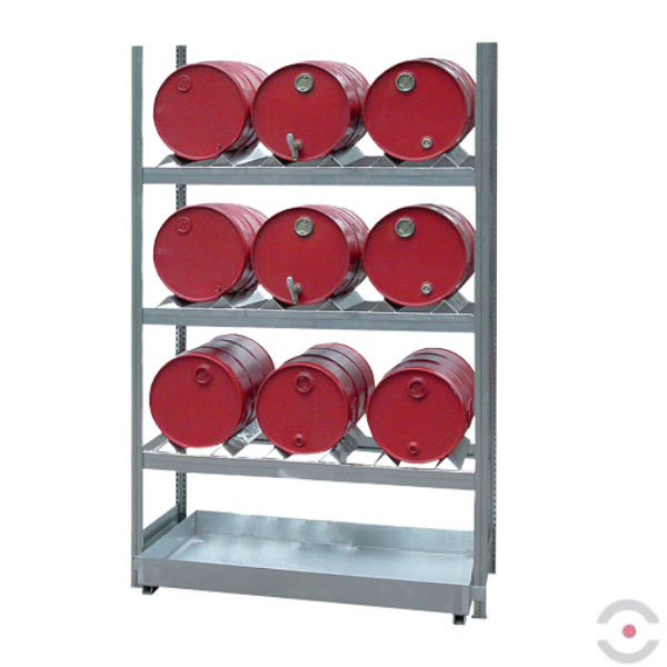 System regałowy, 3 poziomy skład., 3*3 beczka 60 l poziomo, wanna 60 l, S*G*W 1360*635*2000 mm, moduł podstawowy
