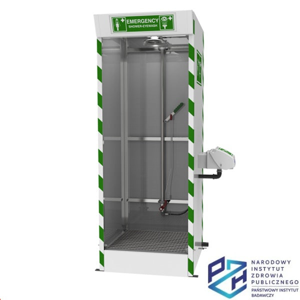 Kabina bezpieczeństwa Hughes, natrysk awaryjny, myjka do oczu/twarzy (OUT), zbiornik odpływowy