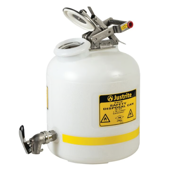 Pojemnik polietylenowy Justrite do usuwania zużytych płynów 19 l, kurek spustowy, biały