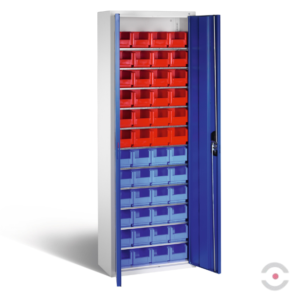 Szafa warsztatowa L-TALL, 48 pojemników, drzwi dwuskrzydłowe, W*S*G 1980*700*300 mm, szary/niebieski