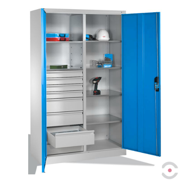 Szafa warsztatowa XL, 6 półek, 8 szuflad, drzwi dwuskrzydłowe, W*S*G 1950*1200*500 mm, szary/niebieski