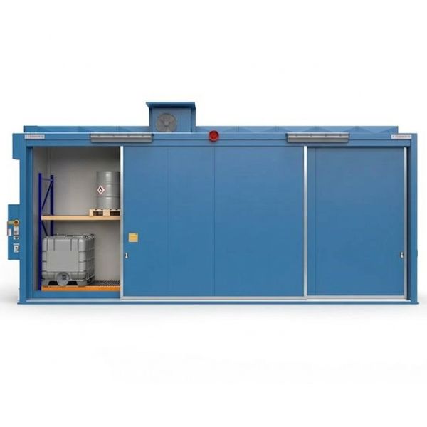 Magazyn ognioodporny Topserw, REI120, 2 poziomy/2 segmenty, 12*1000 l KTC/IBC lub 48*200 l beczka, 2*1000 l, drzwi przesuwne