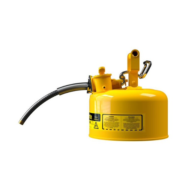 Pojemnik zabezpieczający Justrite stalowy na płyny łatwopalne Typ II, wąż spustowy, 4 l, żółty