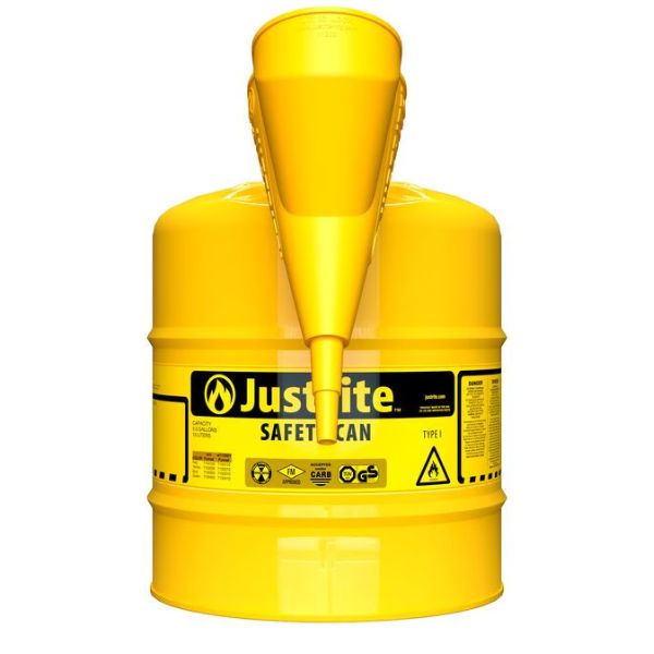 Pojemnik zabezpieczający Justrite stalowy na płyny łatwopalne 19 l, Typ I, lejek, żółty