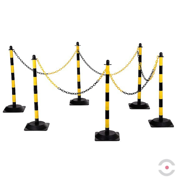 Zestaw 6 słupków, okrągłe, śr. 40 mm, łańcuch 10 m, 6*podstawa, polietylen, żółty/czarny
