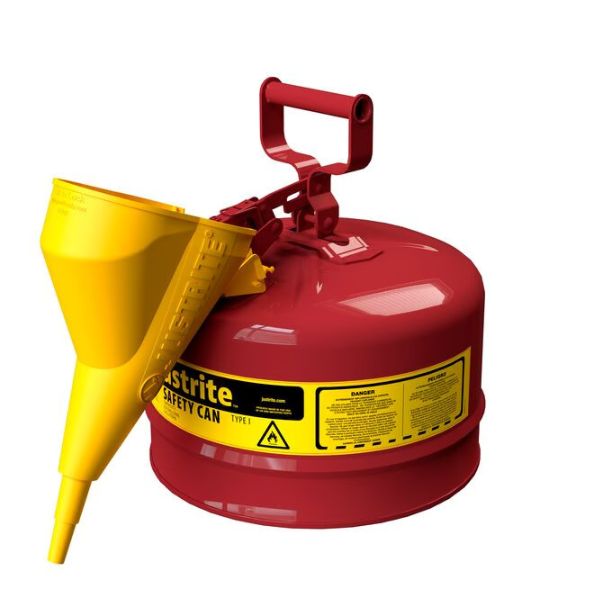 Pojemnik zabezpieczający Justrite stalowy na płyny łatwopalne 9,5 l, Typ I, lejek, czerwony