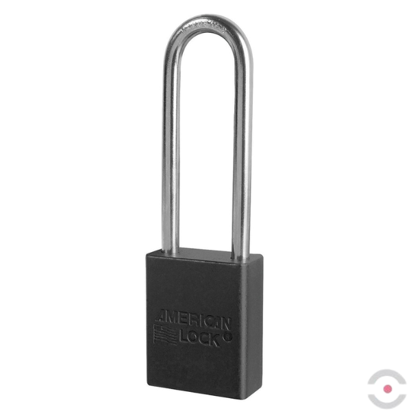 Kłódka zabezpieczająca, korpus anod. aluminium, bardzo długi kabłąk stal borowa 6 mm, cylinder 6 bolców, wykrywalna, klucz KA/MK, niebieska