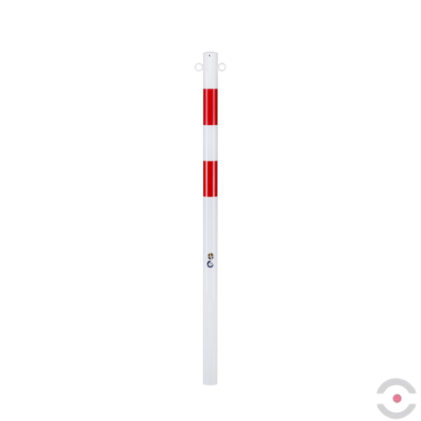 Słupek stalowy, okrągły, śr. 60 mm, wpuszczany, 2*uchwyt oczkowy, ocynkow. malow. biały/czerwony