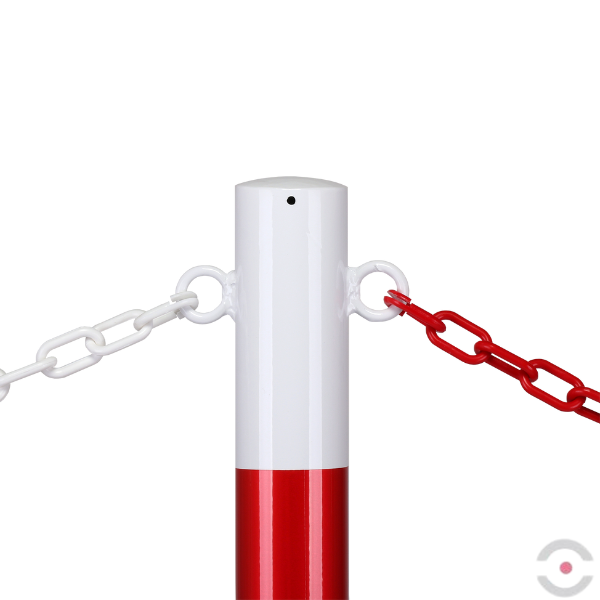 Słupek stalowy, okrągły, śr. 60 mm, wpuszczany, 2*uchwyt oczkowy, ocynkow. malow. biały/czerwony