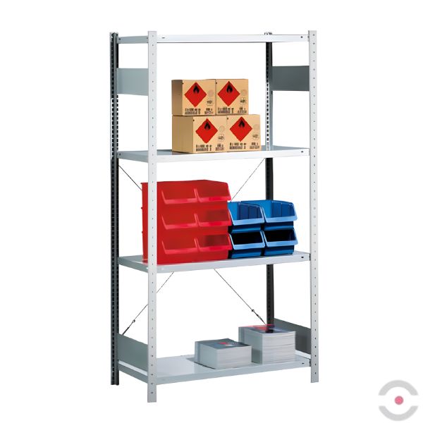 Regał półkowy, wtykowy, moduł podstawowy, 4 półki, 2 ramy, 2 napinacze, W*S*G 2000*1056*436 mm, stalowy