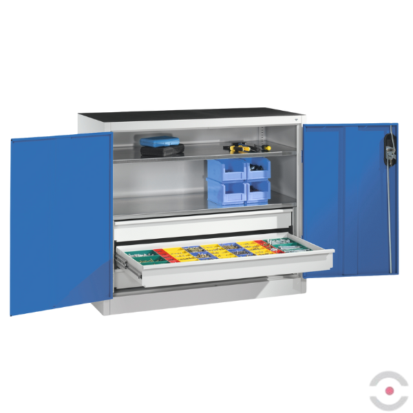 Szafa warsztatowa M, 2 półki, 3 szuflady, mata, drzwi dwuskrzydłowe, W*S*G 1000*1200*500 mm, szary/niebieski