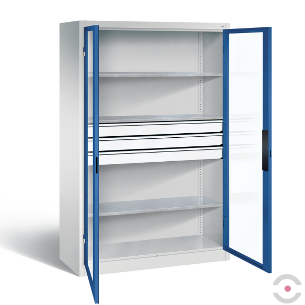 Szafa warsztatowa XL, 3 półki, 3 szuflady, drzwi dwuskrzydłowe, przeszklone, W*S*G 1950*1200*500 mm, szary/niebieski