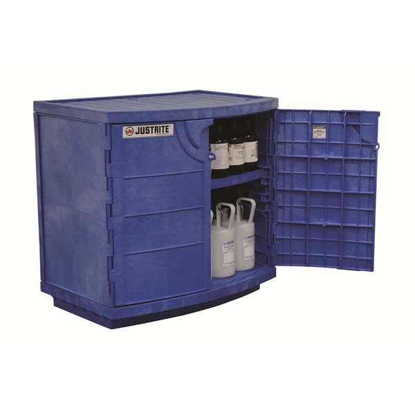 Szafa zabezpieczająca (kwasy, zasady) Justrite BENCH HDPE M, 90 l, 2-drzwiowa ZR, 1 półka, niebieski