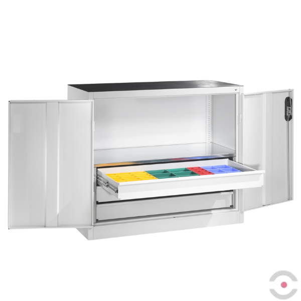 Szafa warsztatowa M, 2 półki, 3 szuflady, mata, drzwi dwuskrzydłowe, W*S*G 1000*1200*500 mm, szary