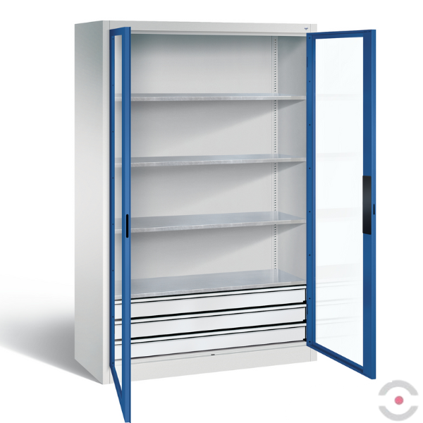 Szafa warsztatowa XL, 4 półki, 3 szuflady, drzwi dwuskrzydłowe, przeszklone, W*S*G 1950*1200*500 mm, szary/niebieski