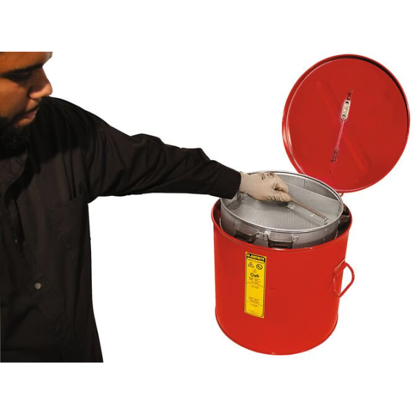 Zbiornik stalowy Justrite, warsztatowy do mycia i czyszczenia przez zanurzenie z koszem 23 l, czerwony