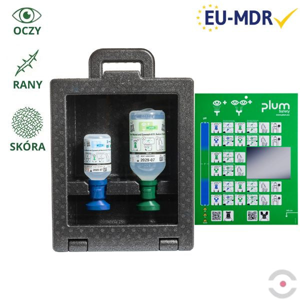 Zestaw naścienny zamykany Plum iBOX - roztwór do płukania oka i ran, ciało obce, kwas i zasada, butelka 1*500 ml, 1*200 ml, piktogram, lustro, MDR