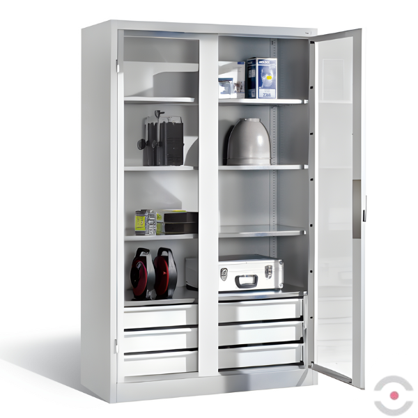 Szafa warsztatowa XL, 4 półki, 3 szuflady, drzwi dwuskrzydłowe, przeszklone, W*S*G 1950*1200*500 mm, szary