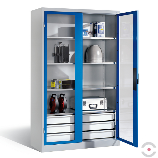 Szafa warsztatowa XL, 4 półki, 3 szuflady, drzwi dwuskrzydłowe, przeszklone, W*S*G 1950*1200*500 mm, szary/niebieski