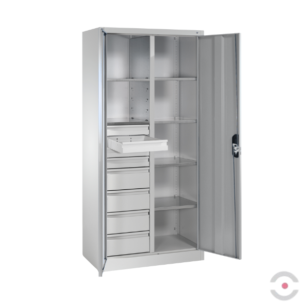 Szafa warsztatowa L, 6 półek, 8 szuflad, drzwi dwuskrzydłowe, ścianka działowa, W*S*G 1950*930*500 mm, szary