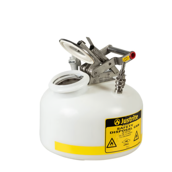 Pojemnik polietylenowy Justrite do zbierania odpadów HPLC, okrągły 7.5 l, złącze 1 SN, złącze 2 PN, biały
