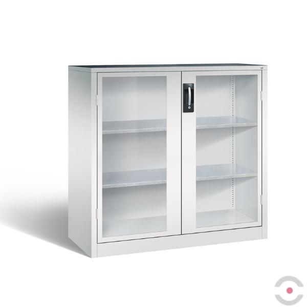 Szafa warsztatowa M, 2 półki, mata, drzwi dwuskrzydłowe, przeszklone, W*S*G 1200*1200*500 mm, szary