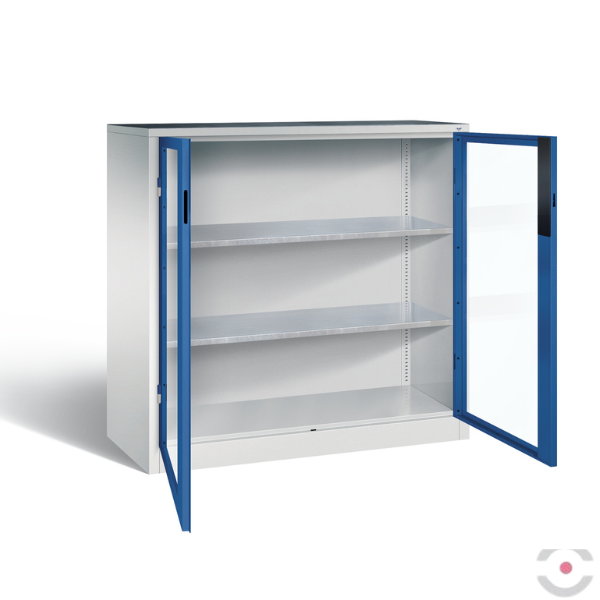 Szafa warsztatowa M, 2 półki, mata, drzwi dwuskrzydłowe, przeszklone, W*S*G 1200*1200*500 mm, szary/niebieski