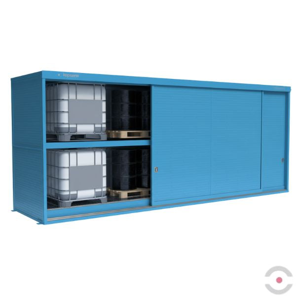 Magazyn substancji niebezpiecznych nieizolowany Topserw, WSC 2 poziomy/2 segmenty, 16*200 l beczka/ekspl, jednostronny, 1*drzwi przesuwne, dwumodułowy