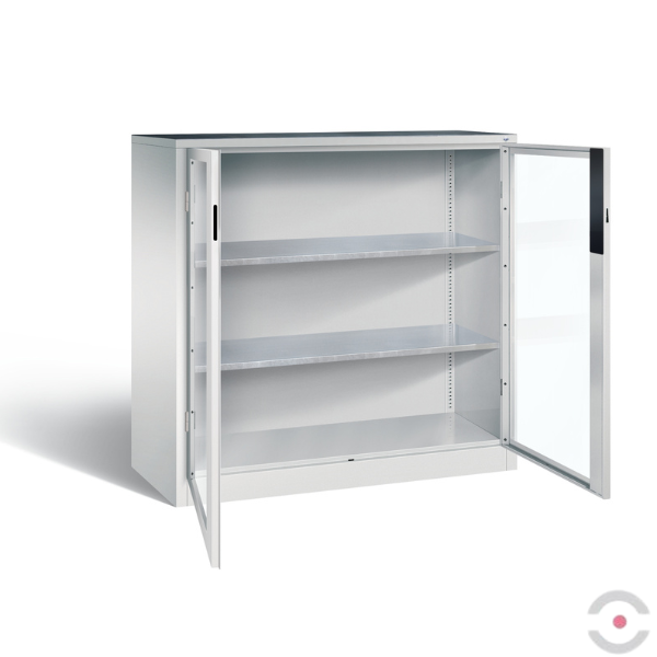 Szafa warsztatowa M, 2 półki, mata, drzwi dwuskrzydłowe, przeszklone, W*S*G 1200*1200*500 mm, szary