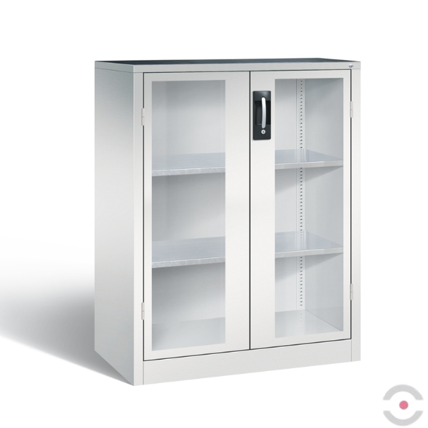 Szafa warsztatowa M, 2 półki, mata, drzwi dwuskrzydłowe, przeszklone, W*S*G 1200*930*500 mm, szary