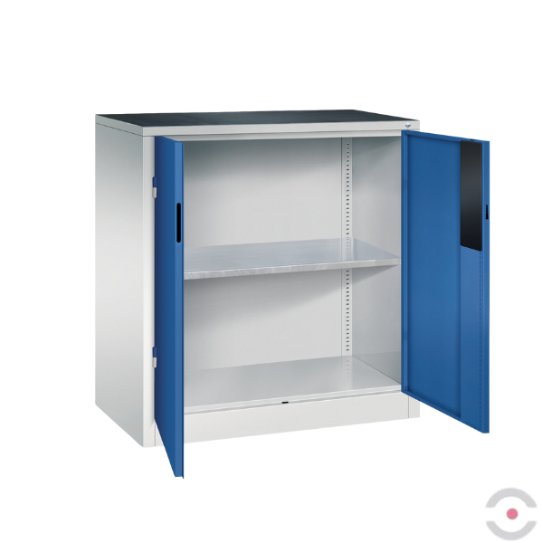 Szafa warsztatowa M, nośność do 700 kg, 1 półka, mata, drzwi dwuskrzydłowe, W*S*G 1000*930*500 mm, szary/niebieski