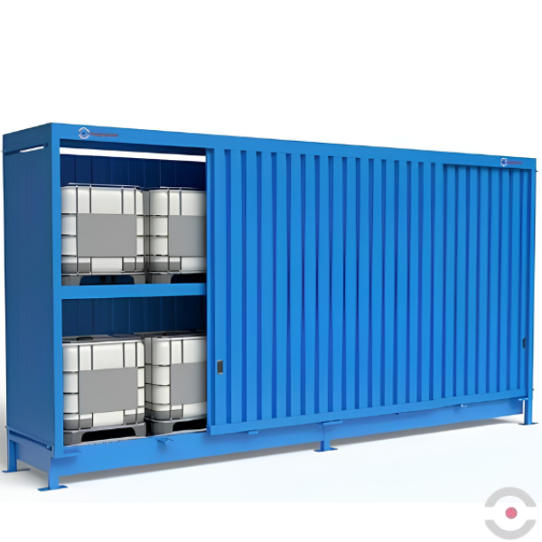 Magazyn substancji niebezpiecznych nieizolowany Topserw, WSC 2 poziomy/2 segmenty, 12*1000 l KTC/IBC, jednostronny, 1*drzwi przesuwne