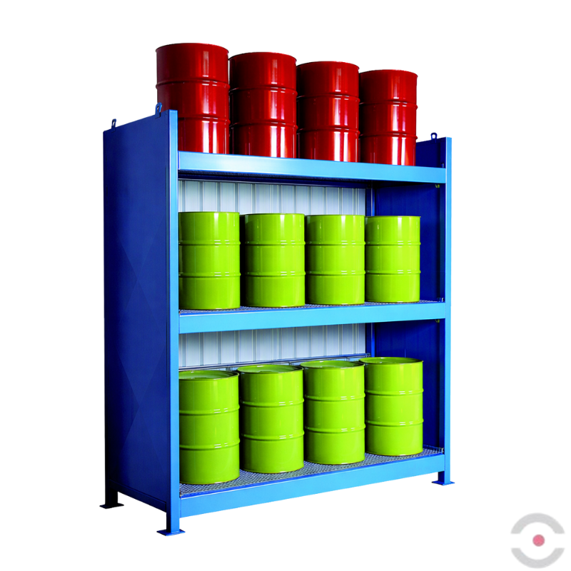 Regał półotwarty (WSC 3.30), 3*poziomy skład. kratownica, 1*moduł, 30*200 l beczka, wanna 650 l