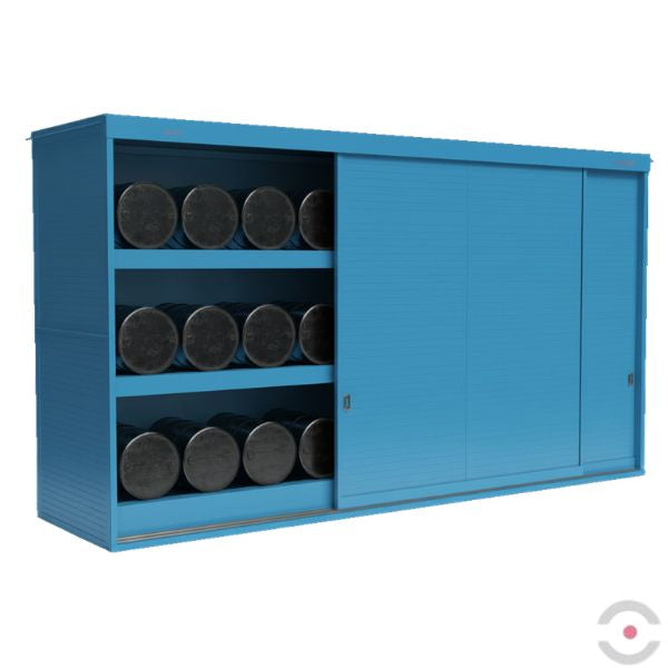 Magazyn substancji niebezpiecznych nieizolowany Topserw, WSC 3 poziomy/2 segmenty, 24*200 l beczka/ekspl, jednostronny, 1*drzwi przesuwne, dwumodułowy