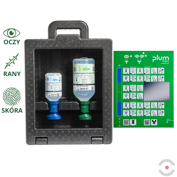 Zestaw naścienny zamykany Plum iBOX - roztwór do płukania oka i ran, ciało obce, kwas i zasada, butelka 1*500 ml, 1*200 ml, piktogram, lustro, MDR