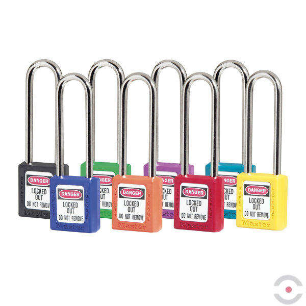 Kłódka bezpieczeństwa, korpus kompozytowy, długi kabłąk stalowy 6 mm, klucz KD, purpurowa