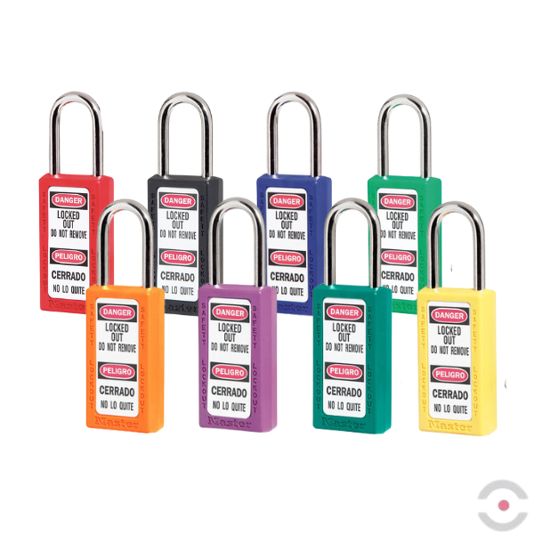 Kłódka bezpieczeństwa, wydłużony korpus kompozytowy, kabłąk stalowy 6 mm, klucz KD, purpurowa