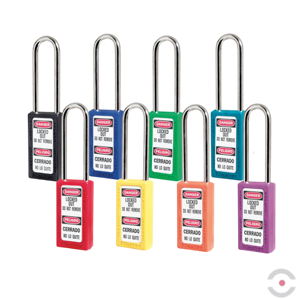 Kłódka bezpieczeństwa, wydłużony korpus kompozytowy, długi kabłąk stalowy 6 mm, klucz KD, pomarańczowa