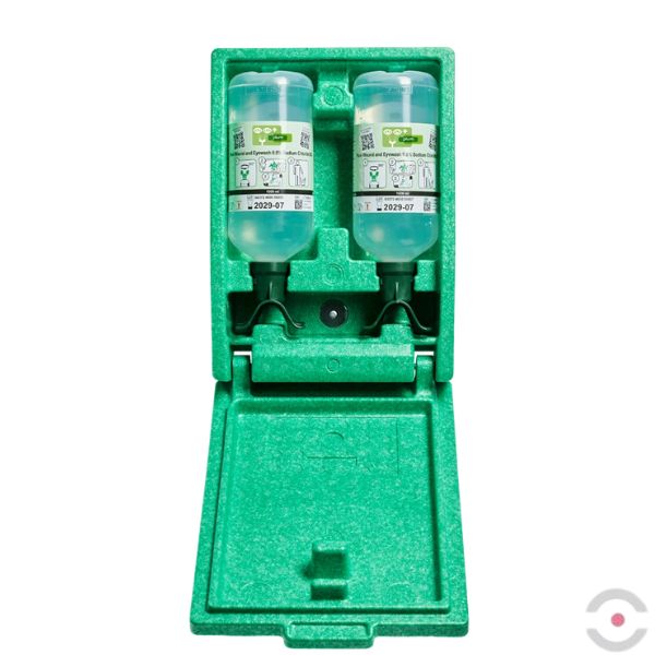 Zestaw naścienny zamykany Plum Green Box - roztwór do płukania oka i ran, DUO, butelka 2*1000 ml, chlorek sodu 0,9%, piktogram, lustro, MDR