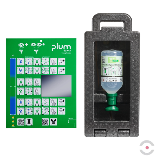 Zestaw naścienny zamykany Plum iBOX - roztwór do płukania oka, ciało obce, butelka 1*500 ml, chlorek sodu 0,9%, piktogram, lustro