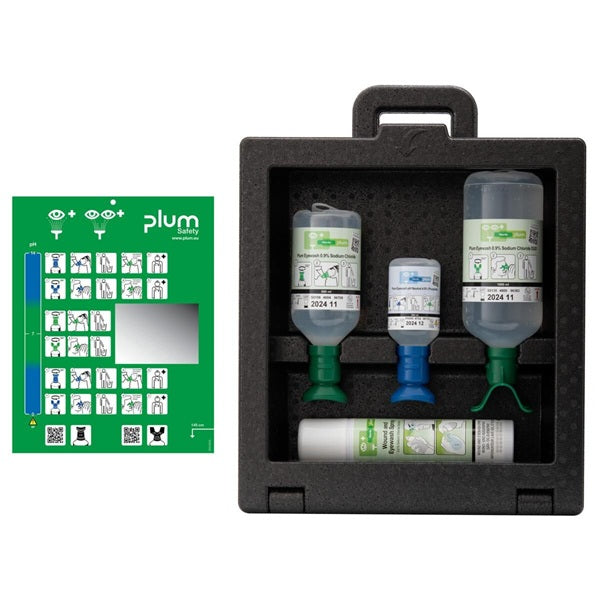 Zestaw naścienny zamykany Plum iBOX - roztwór do płukania oka, ciało obce, butelka 1*1000 ml DUO, 1*500 ml, spray 250 ml, kwas i zasada butelka 200 ml