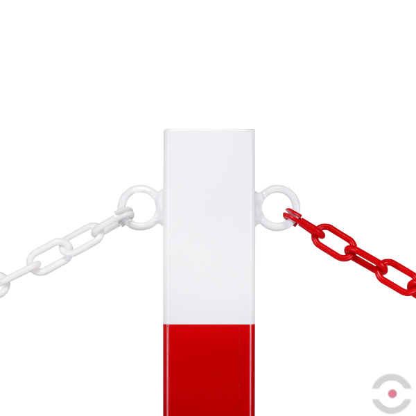 Słupek stalowy, kwadrat. 70*70 mm, wpuszczany, 2*uchwyt oczkowy, biały/czerwony