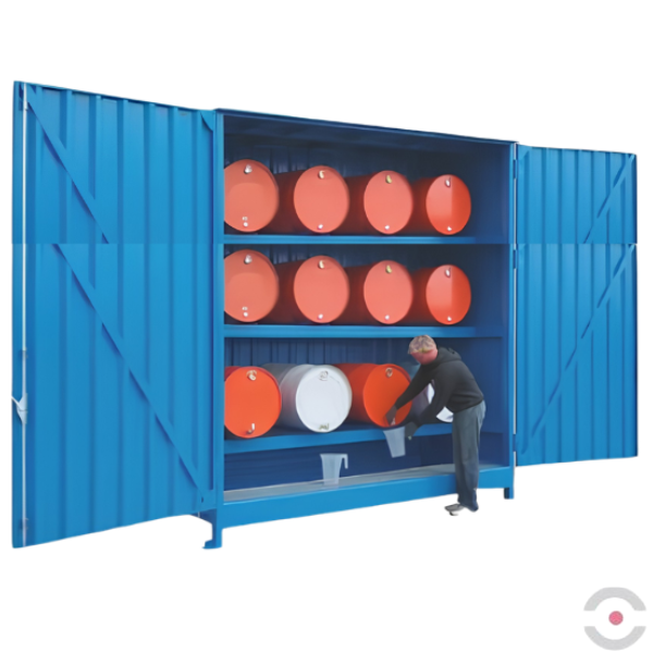 Magazyn substancji niebezpiecznych nieizolowany Topserw, WSC 3 poziomy, 12*200 l beczka/ekspl, jednostronny, 1*drzwi dwuskrzydłowe, jednomodułowy