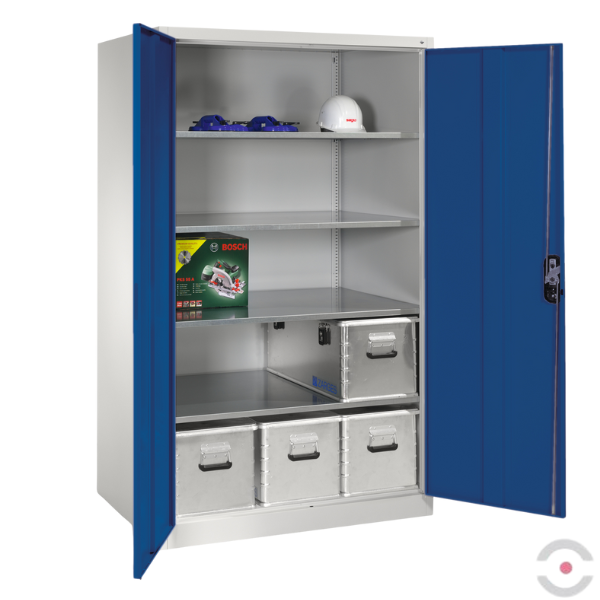 Szafa warsztatowa XXL, zwiększona głębokość, 4 półki, drzwi dwuskrzydłowe, W*S*G 1950*1200*800 mm, szary/niebieski