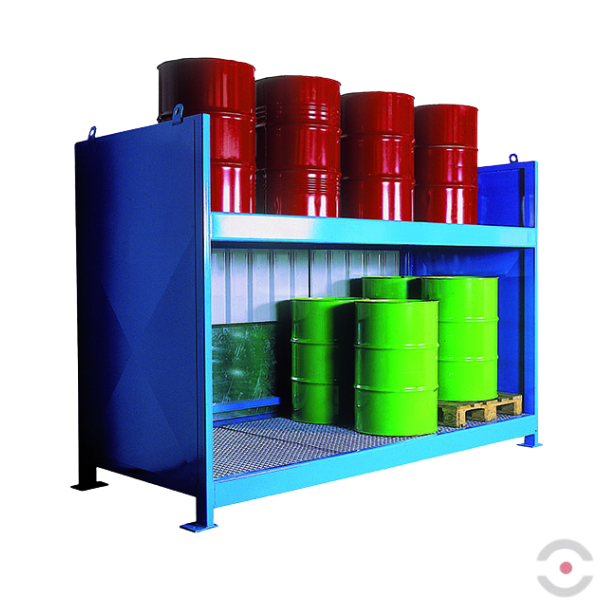 Regał półotwarty (WSC 2.30), 2*poziomy skład. kratownica, 1*moduł, 20*200 l beczka, wanna 650 l