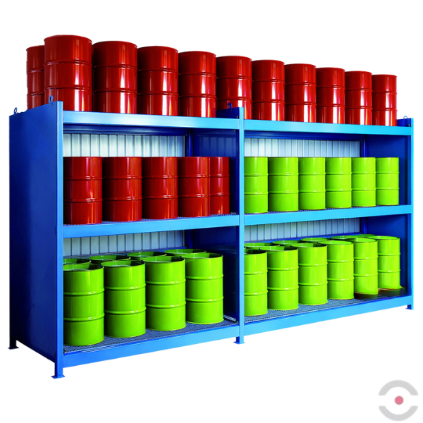 Regał półotwarty (WSC 3.60), 3*poziomy skład. kratownica, 2*moduł, 60*200 l beczka, wanna 2*650 l