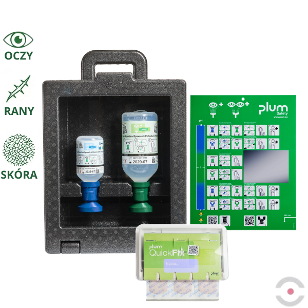 Zestaw naścienny zamykany Plum iBOX - roztwór do płukania oka i ran, ciało obce, kwas i zasada, butelka 1*500 ml, 1*200 ml, dozownik z plastrami, MDR
