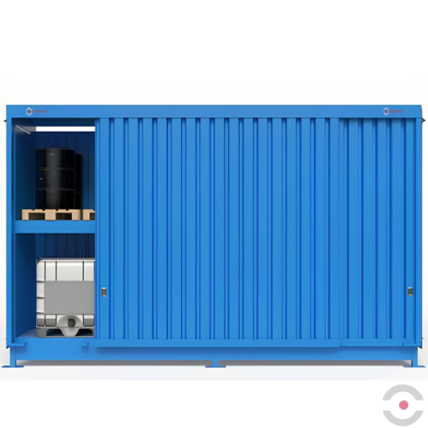 Magazyn substancji niebezpiecznych nieizolowany Topserw, WSC 2 poziomy/2 segmenty, 8*1000 l KTC/IBC, jednostronny, 1*drzwi przesuwne, dwumodułowy