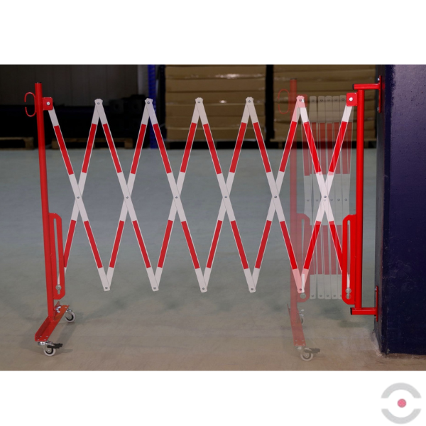 Bariera nożycowa, dł. 3600 mm, ścienna, kółka, czerwony/biały